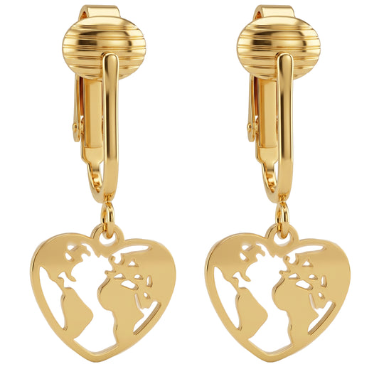 Gold Heart World Clip On Dangling Earrings