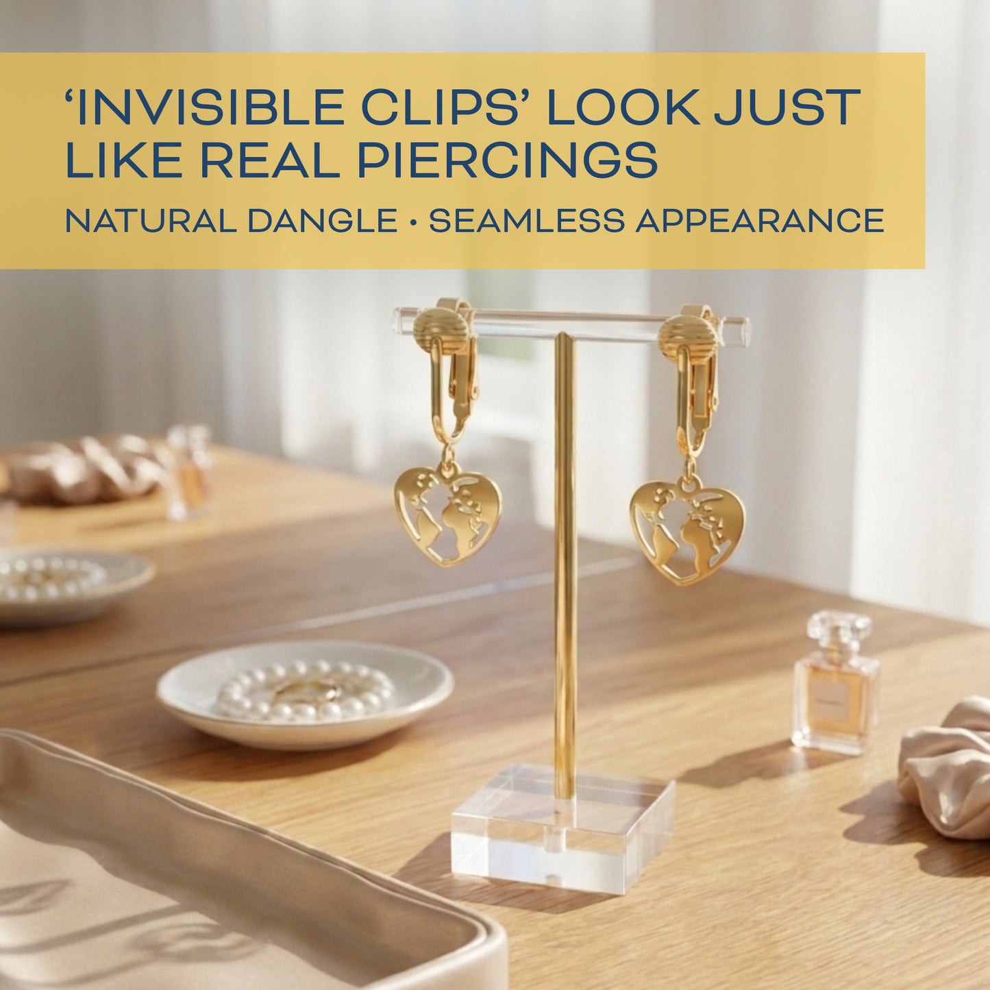 Gold Heart World Clip On Dangling Earrings