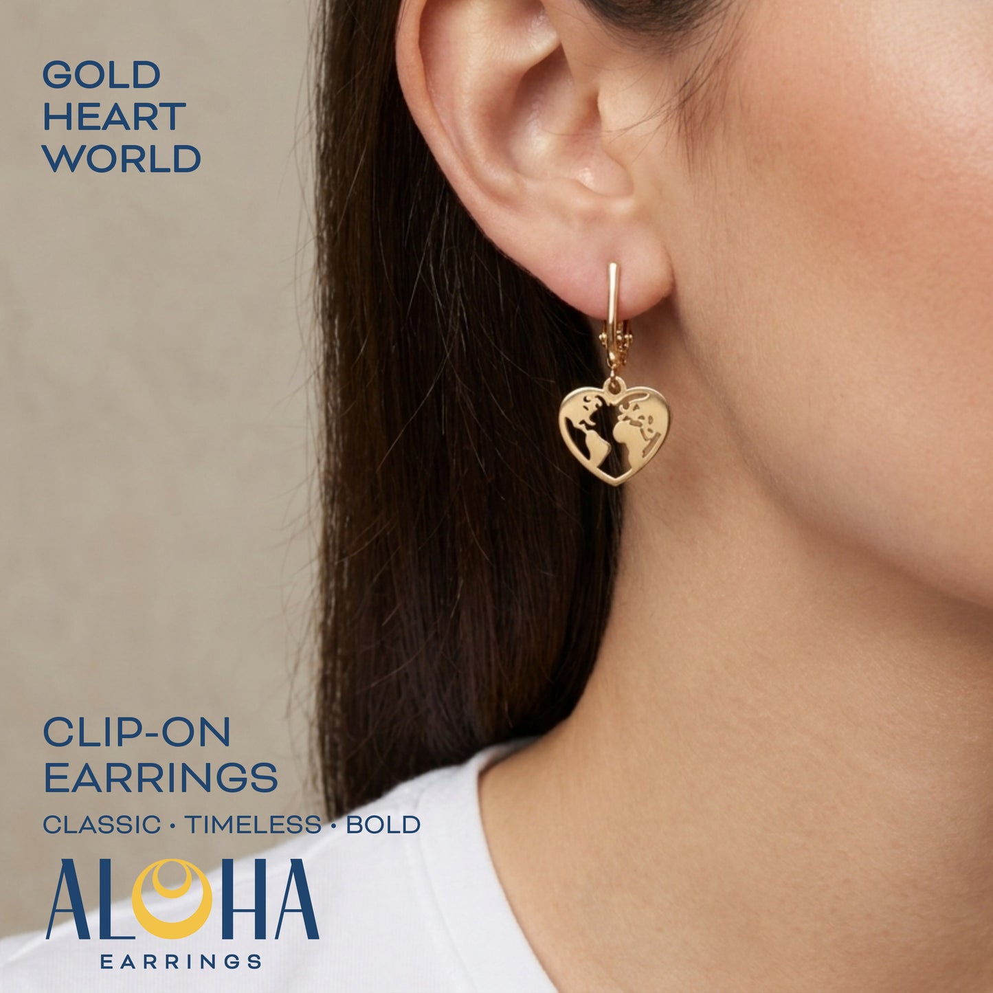 Gold Heart World Clip On Dangling Earrings