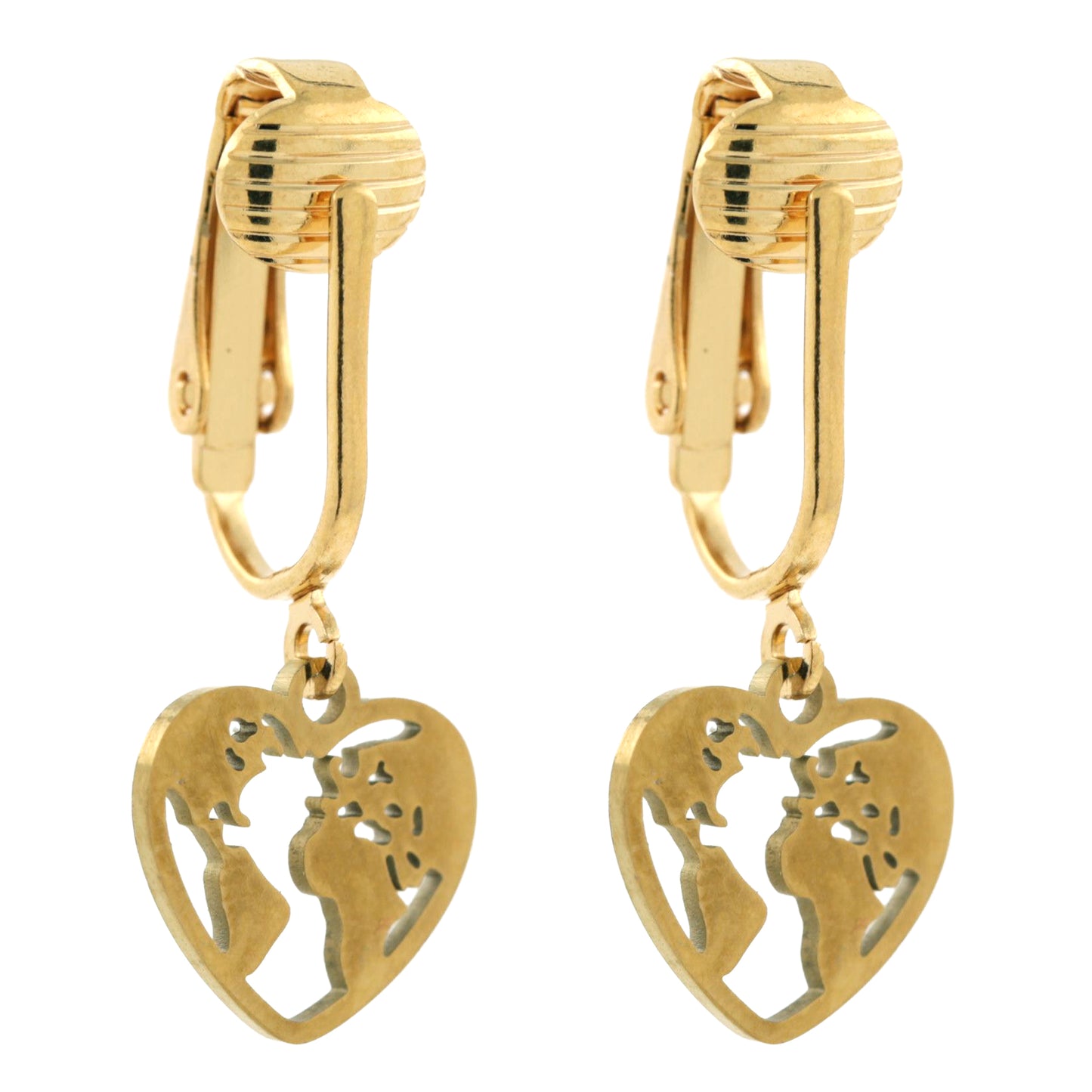 Gold Heart World Clip On Dangling Earrings