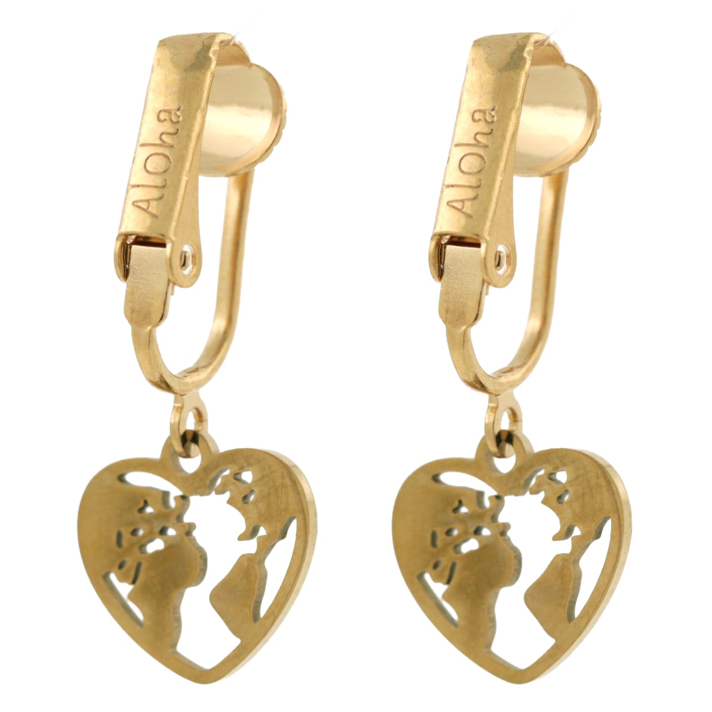 Gold Heart World Clip On Dangling Earrings