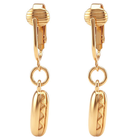 Gold Hot Dog Clip On Dangling Earrings