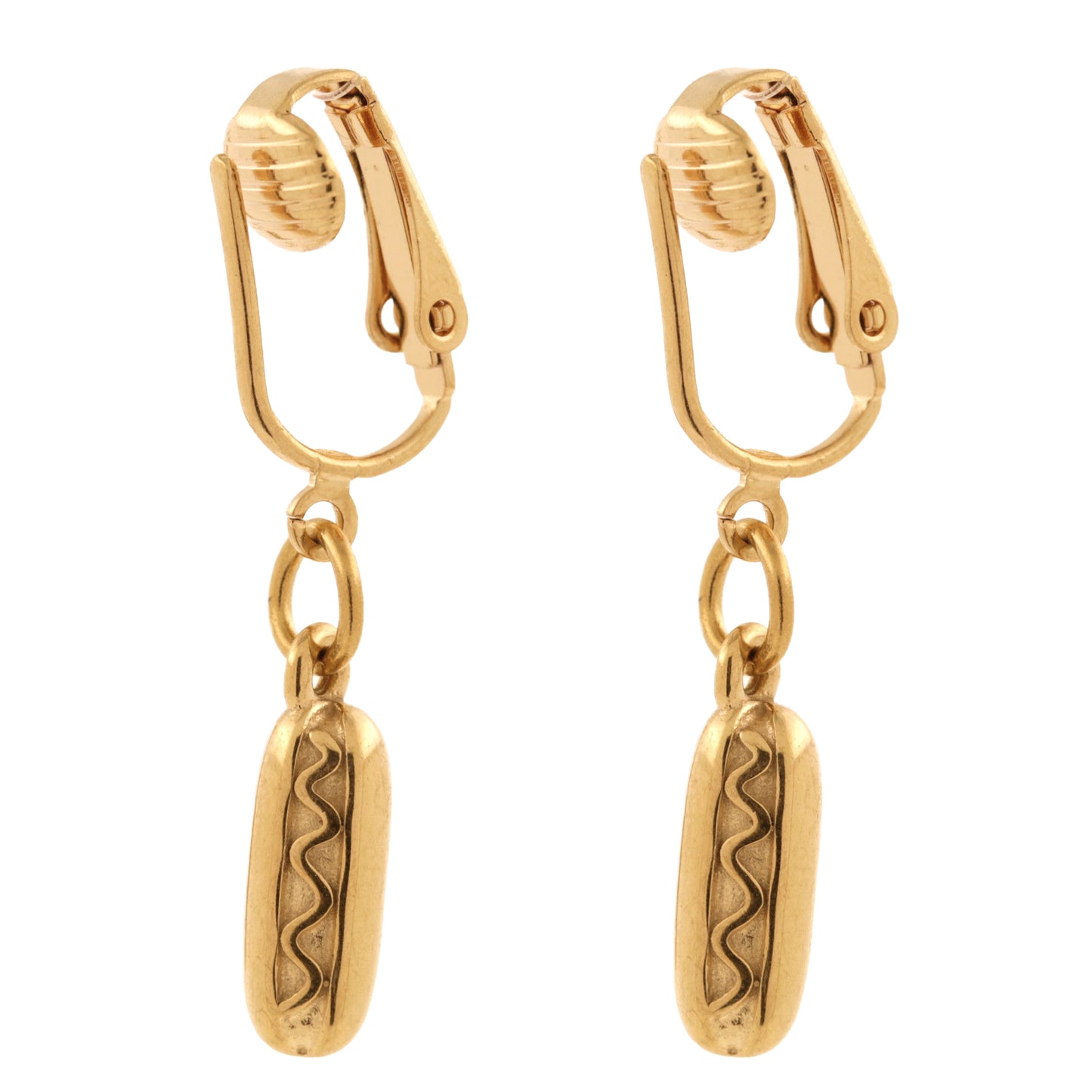 Gold Hot Dog Clip On Dangling Earrings