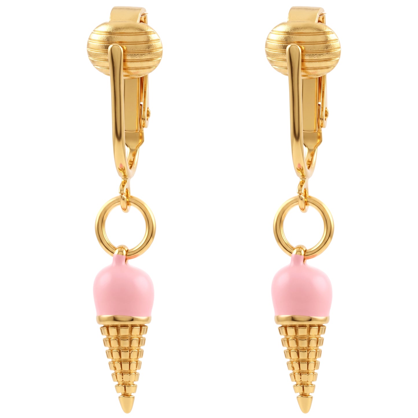 Pink Ice Cream Cones Gold Clip On Dangling Earrings