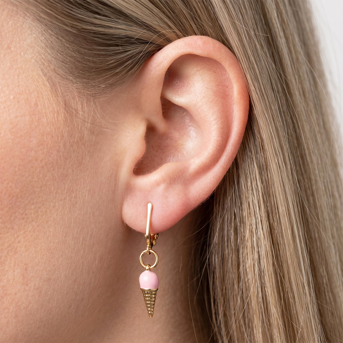 Pink Ice Cream Cones Gold Clip On Dangling Earrings