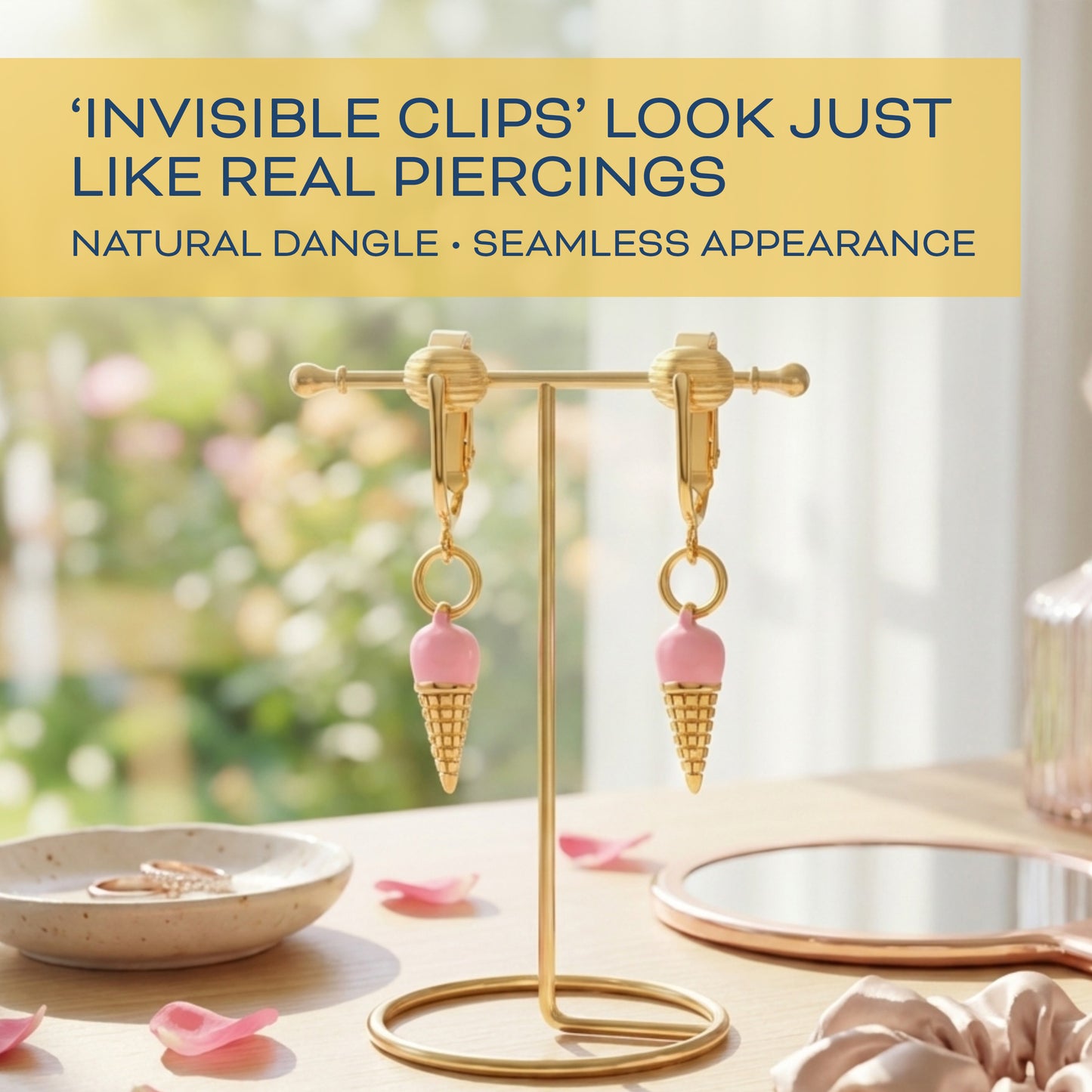 Pink Ice Cream Cones Gold Clip On Dangling Earrings