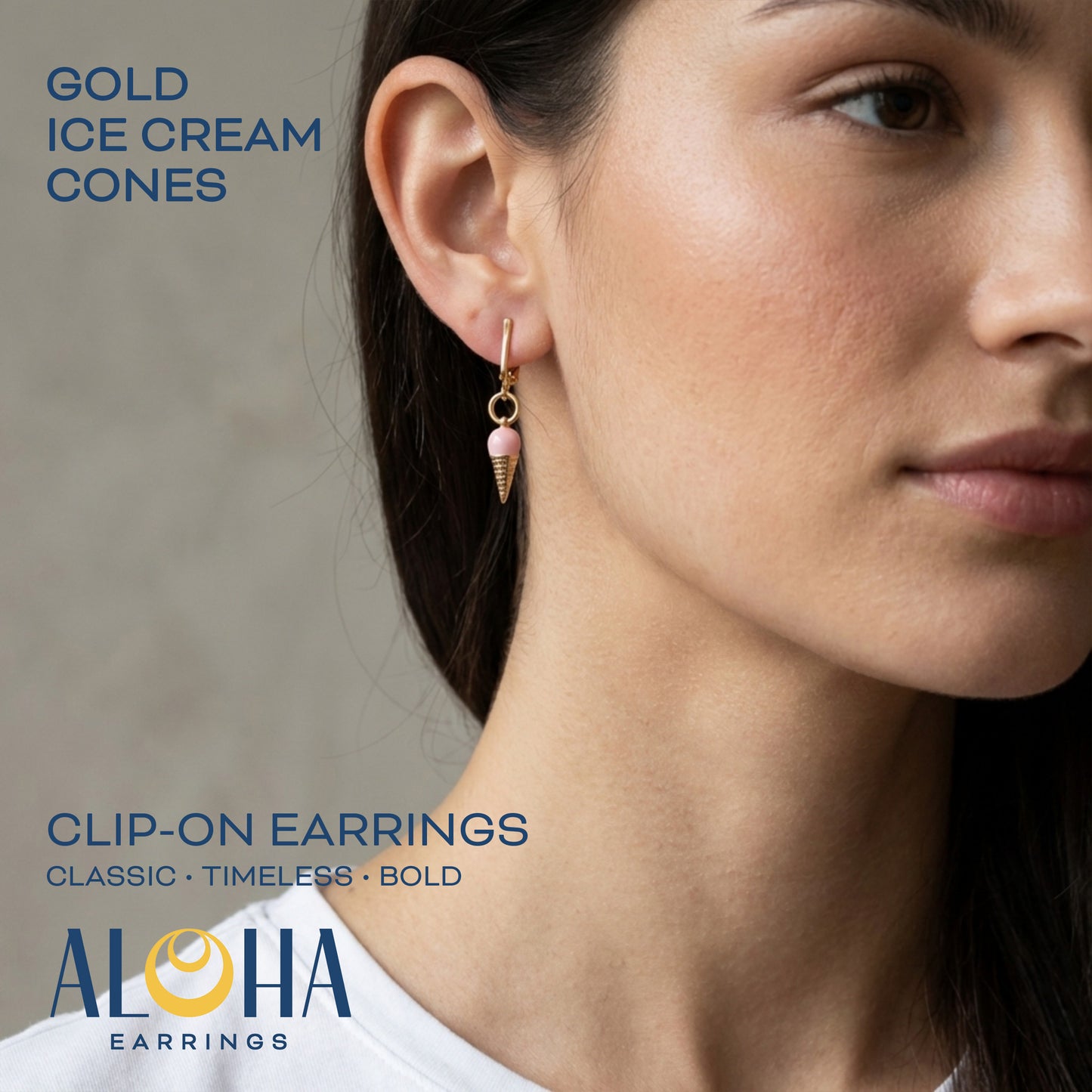 Pink Ice Cream Cones Gold Clip On Dangling Earrings