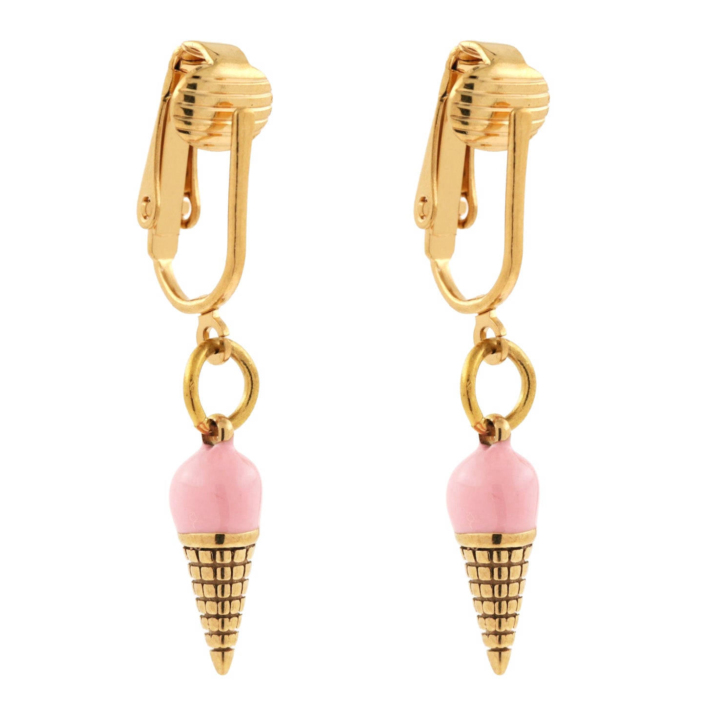 Pink Ice Cream Cones Gold Clip On Dangling Earrings