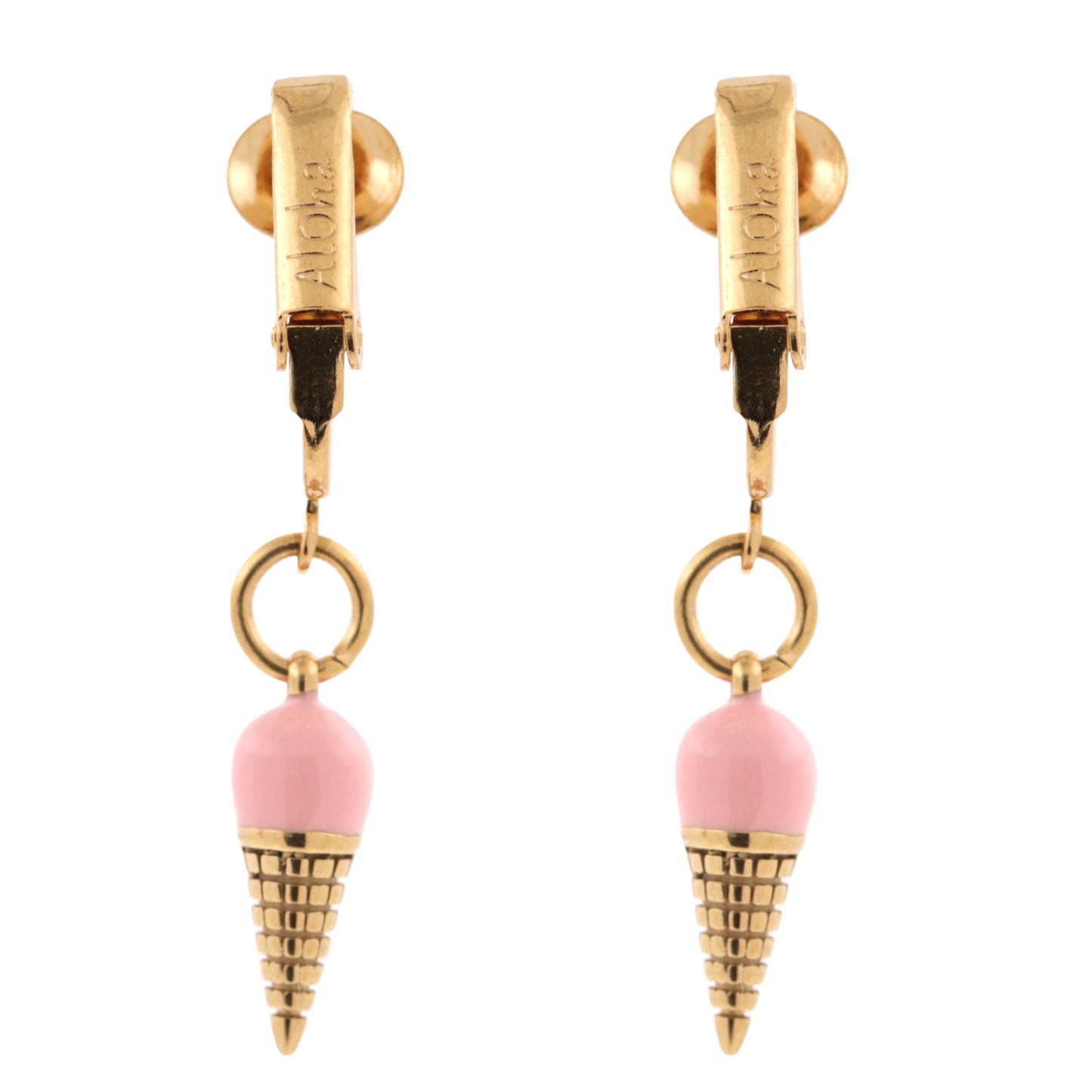 Pink Ice Cream Cones Gold Clip On Dangling Earrings