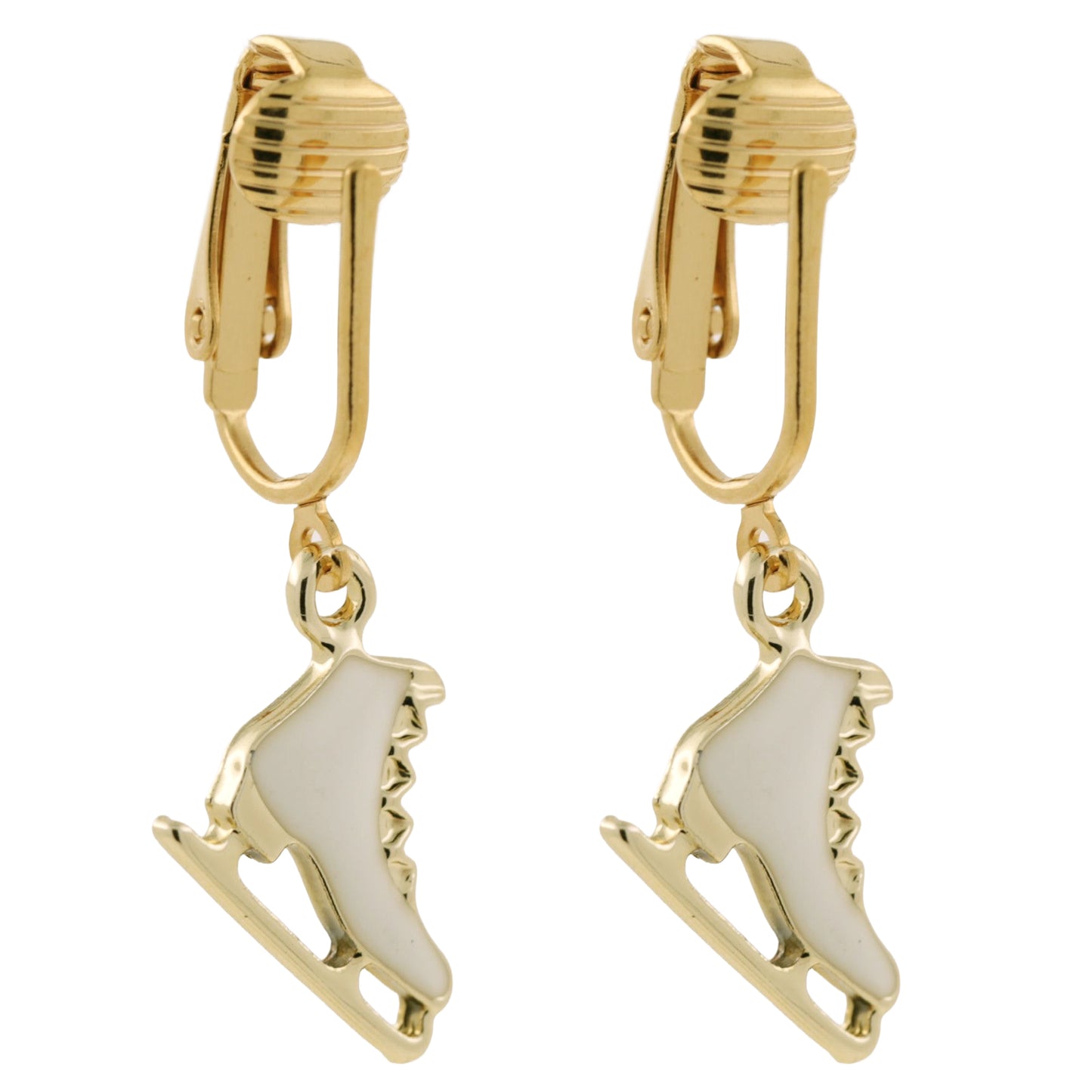Gold Ice Skates Clip On Dangling Earrings