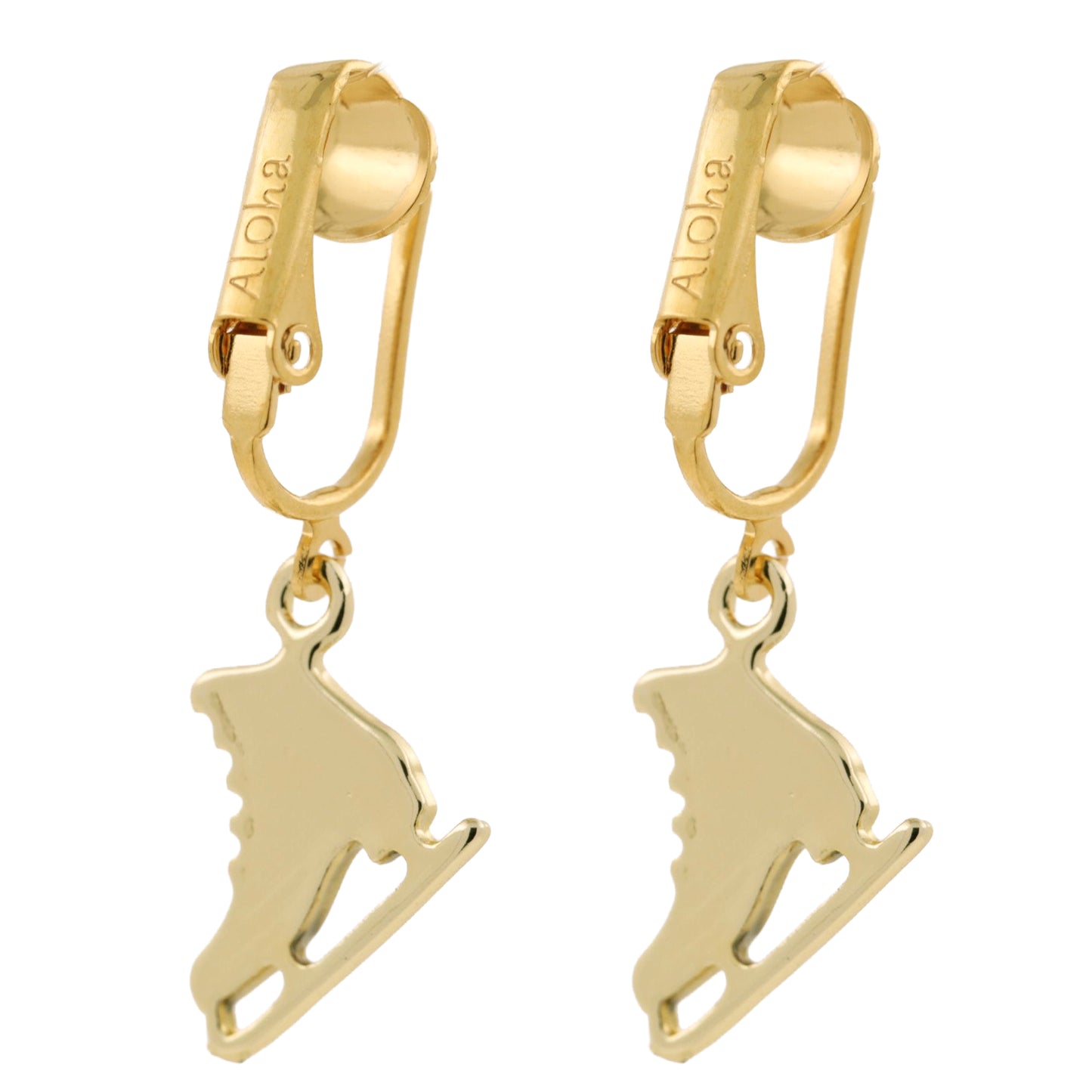 Gold Ice Skates Clip On Dangling Earrings