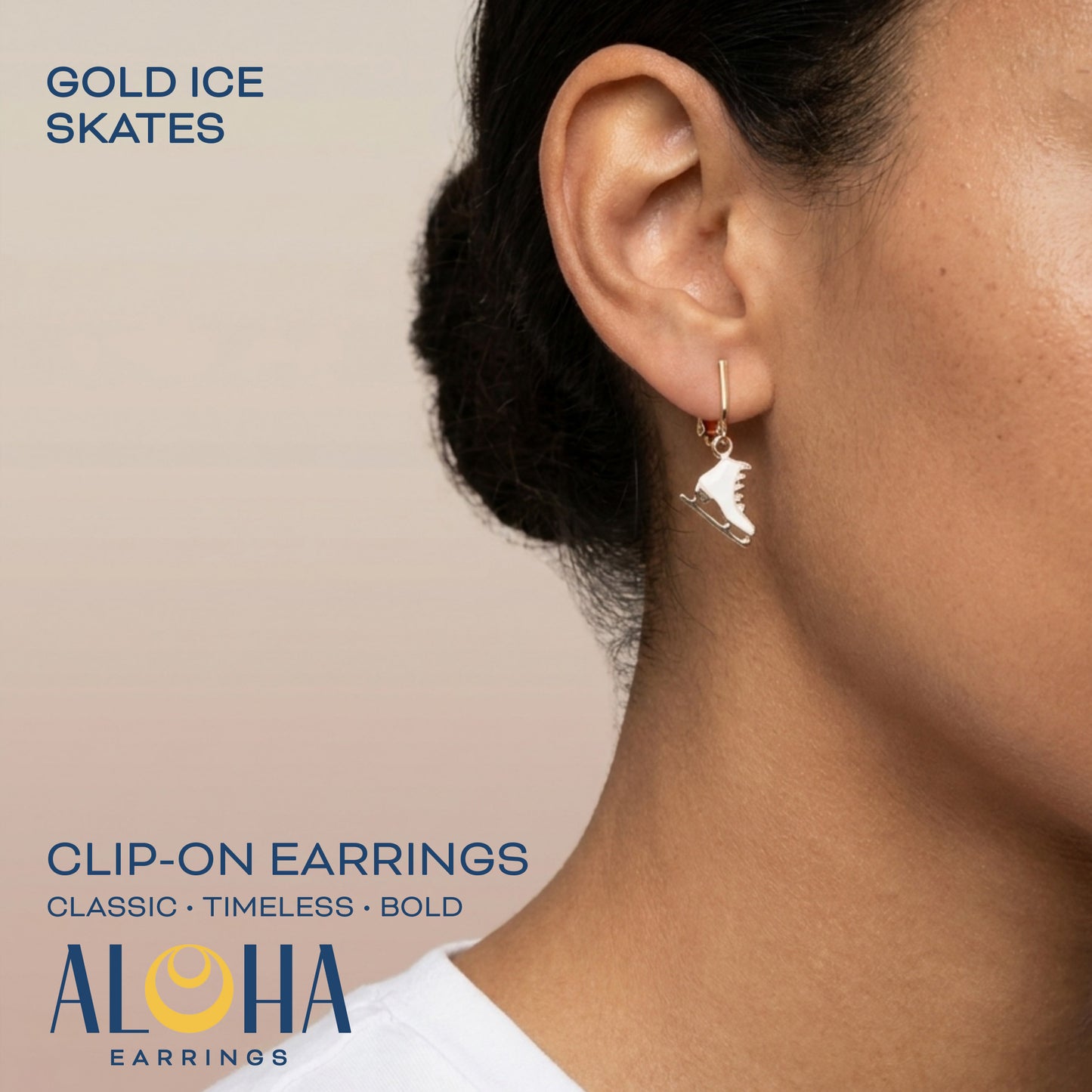 Gold Ice Skates Clip On Dangling Earrings