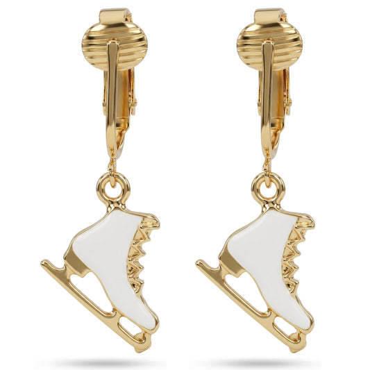 Gold Ice Skates Clip On Dangling Earrings