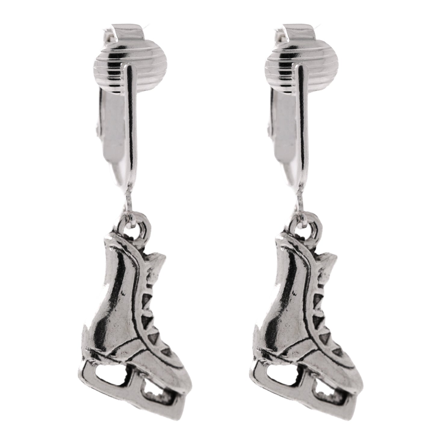 Silver Ice Skates Clip On Dangling Earrings