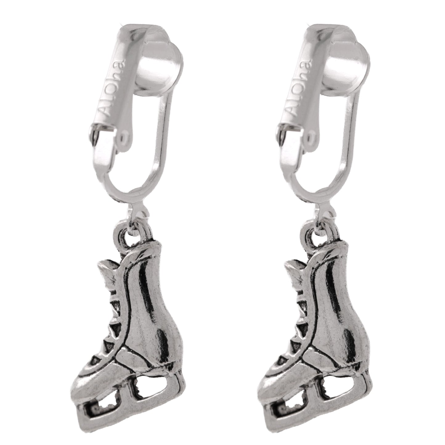 Silver Ice Skates Clip On Dangling Earrings