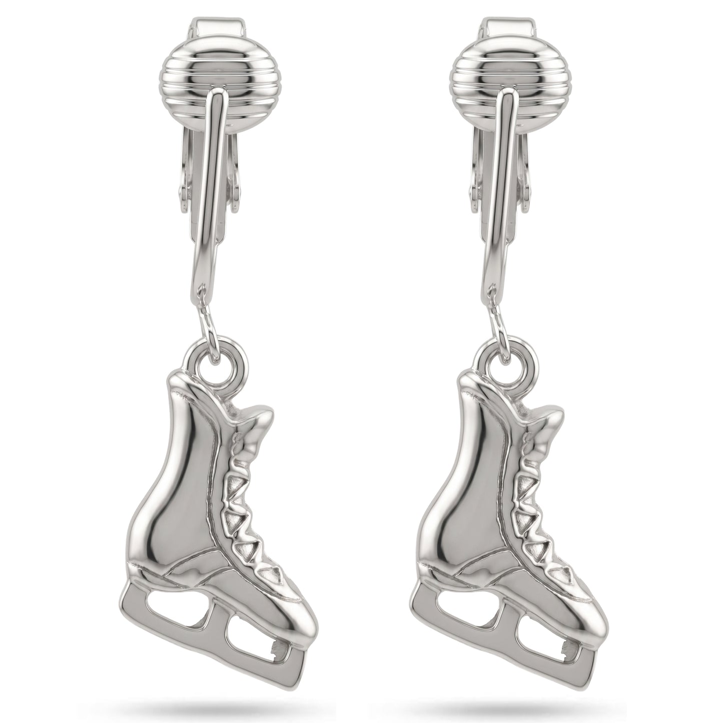 Silver Ice Skates Clip On Dangling Earrings