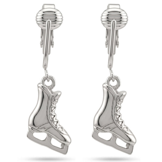 Silver Ice Skates Clip On Dangling Earrings