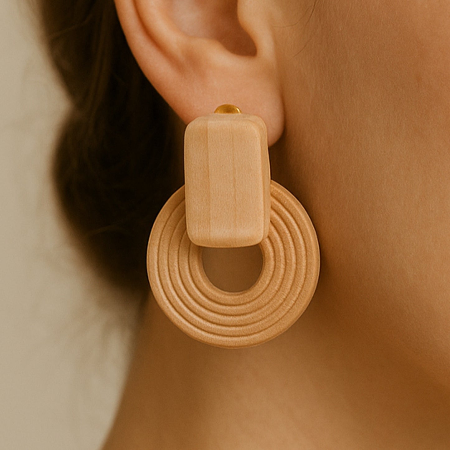 Wooden Circle Screw Back Clip On Statement Earrings