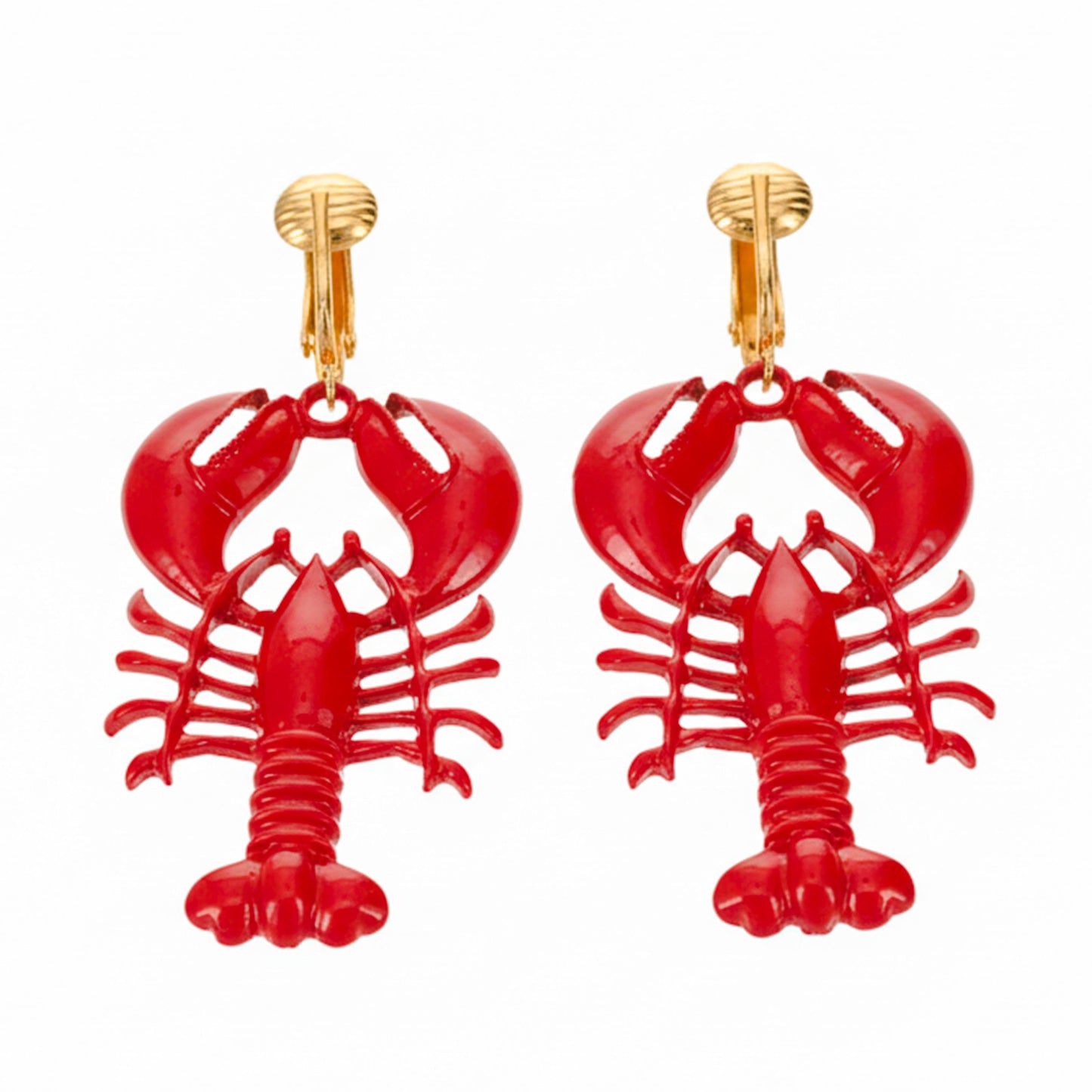 Red Lobsters Gold Clip On Dangling Earrings