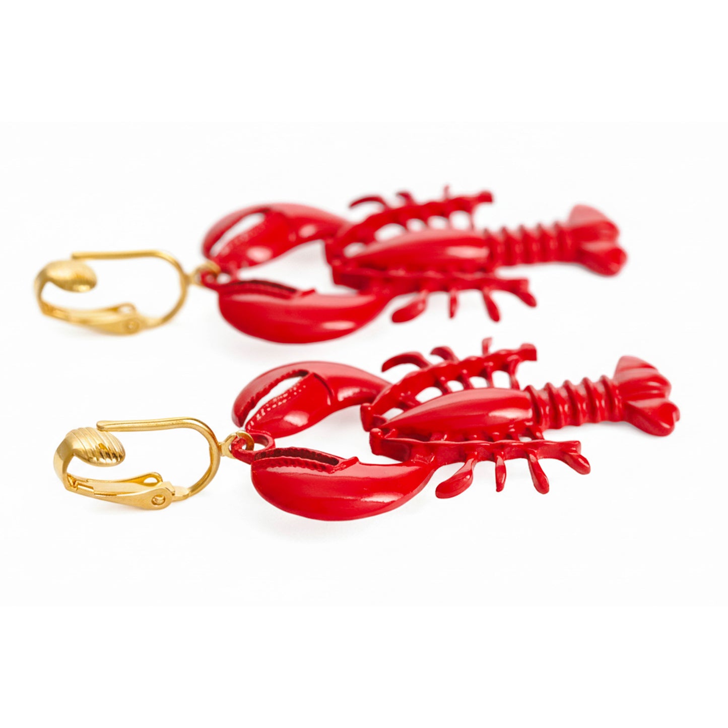 Red Lobsters Gold Clip On Dangling Earrings