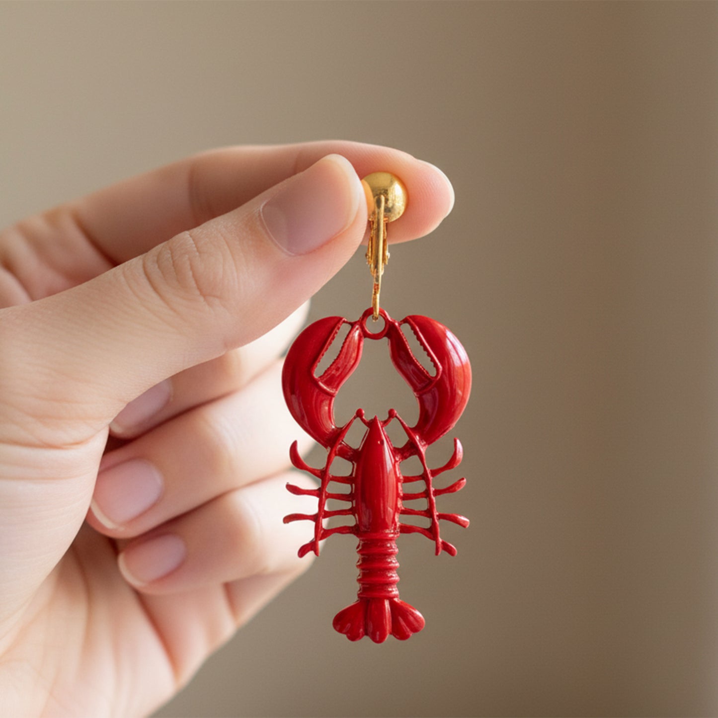 Red Lobsters Gold Clip On Dangling Earrings
