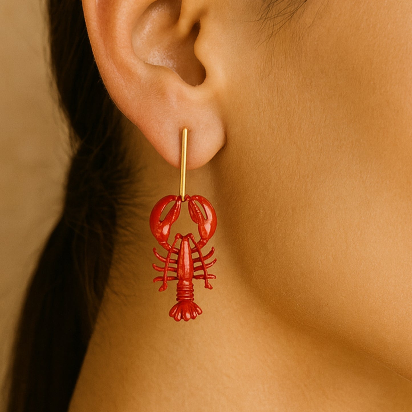 Red Lobsters Gold Clip On Dangling Earrings