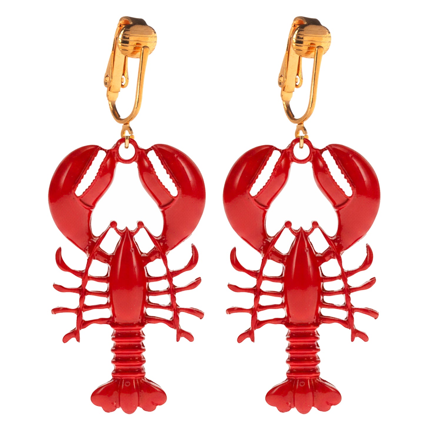 Red Lobsters Gold Clip On Dangling Earrings