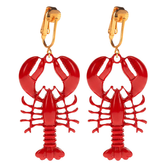 Red Lobsters Gold Clip On Dangling Earrings