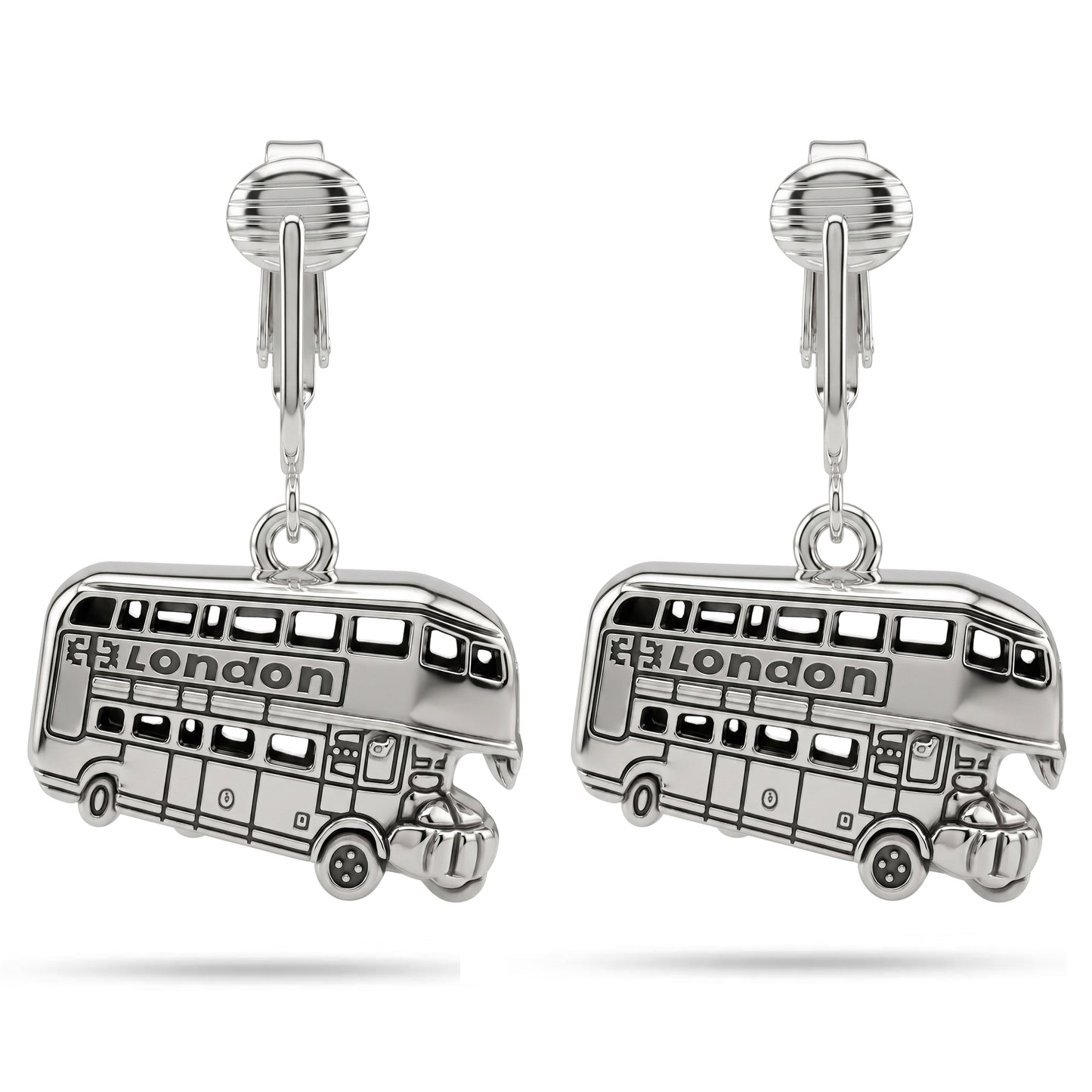 Silver London Bus Clip On Dangling Earrings