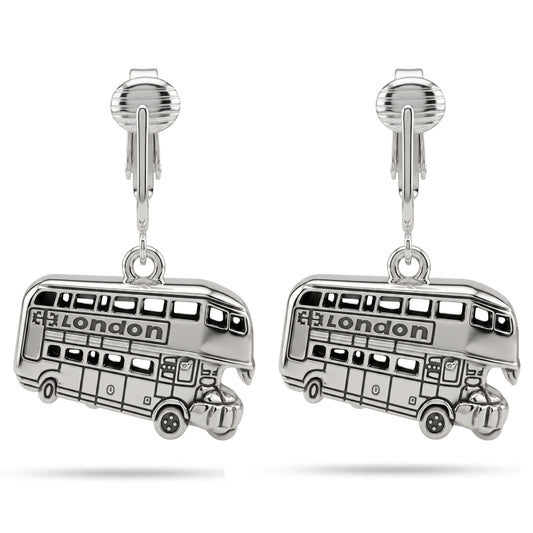 Silver London Bus Clip On Dangling Earrings