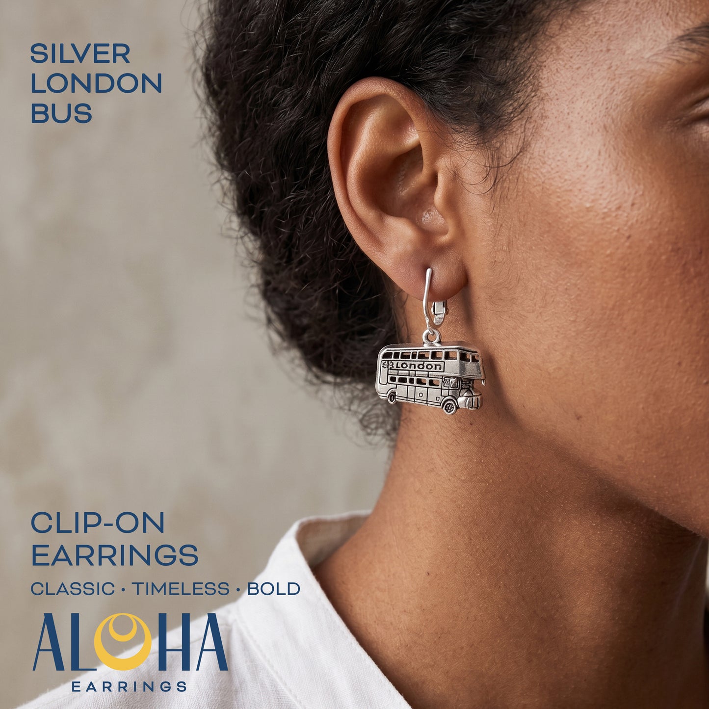 Silver London Bus Clip On Dangling Earrings