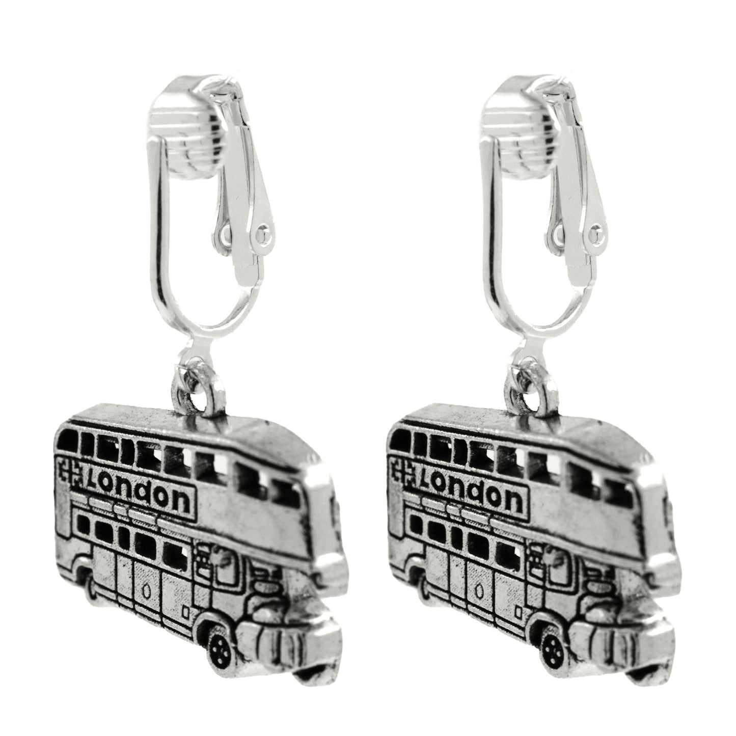 Silver London Bus Clip On Dangling Earrings