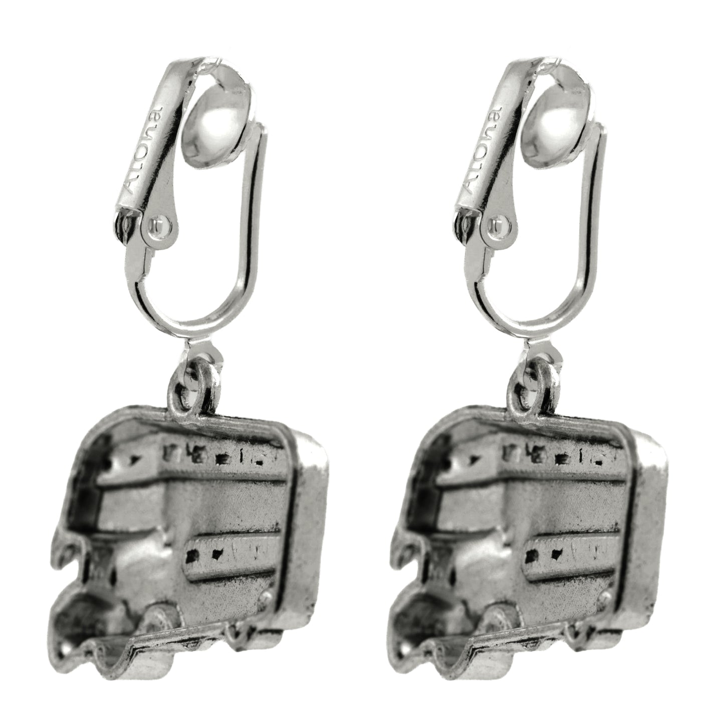 Silver London Bus Clip On Dangling Earrings