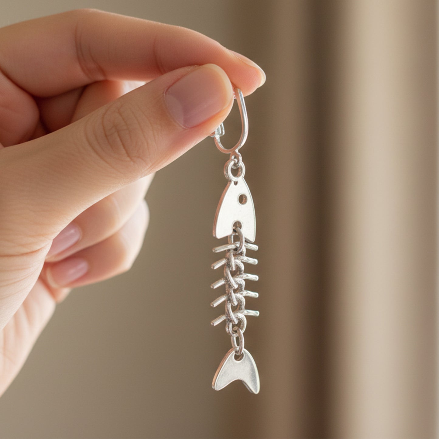 Silver Long Fishbone Clip On Dangling Earrings