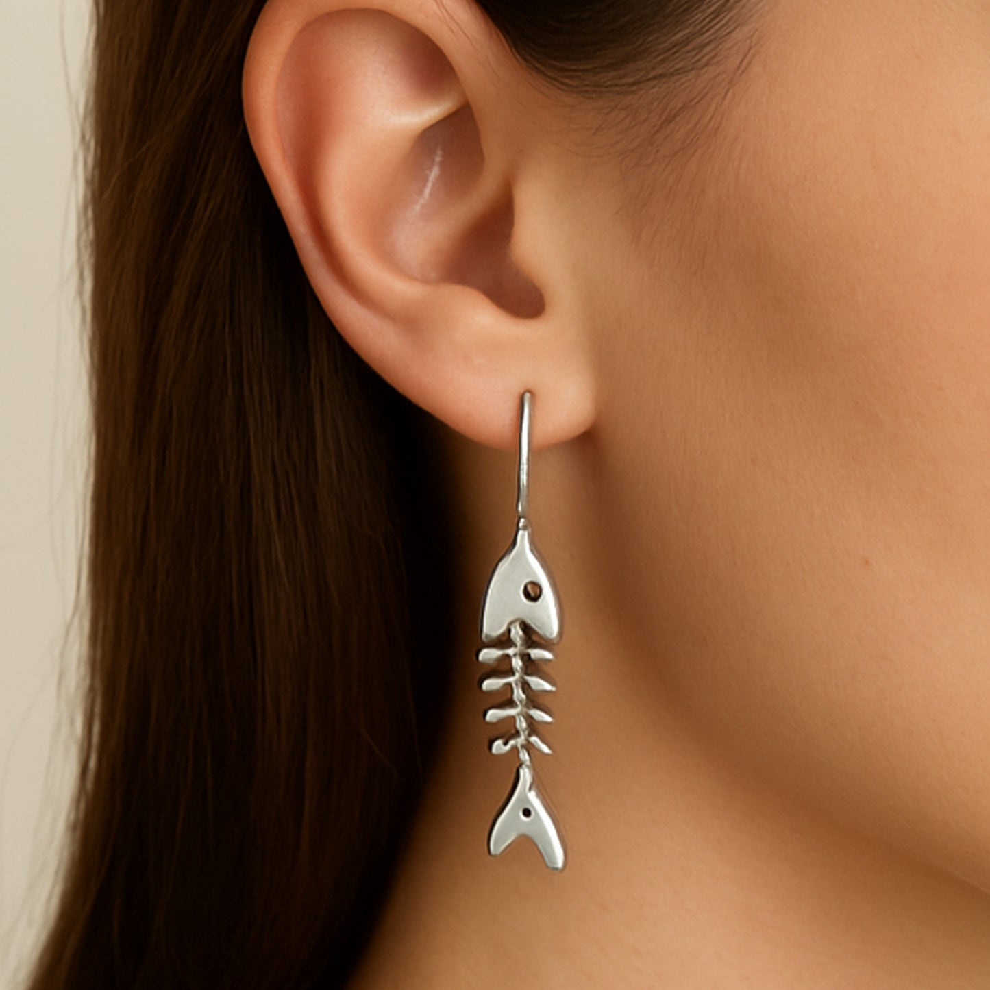 Silver Long Fishbone Clip On Dangling Earrings