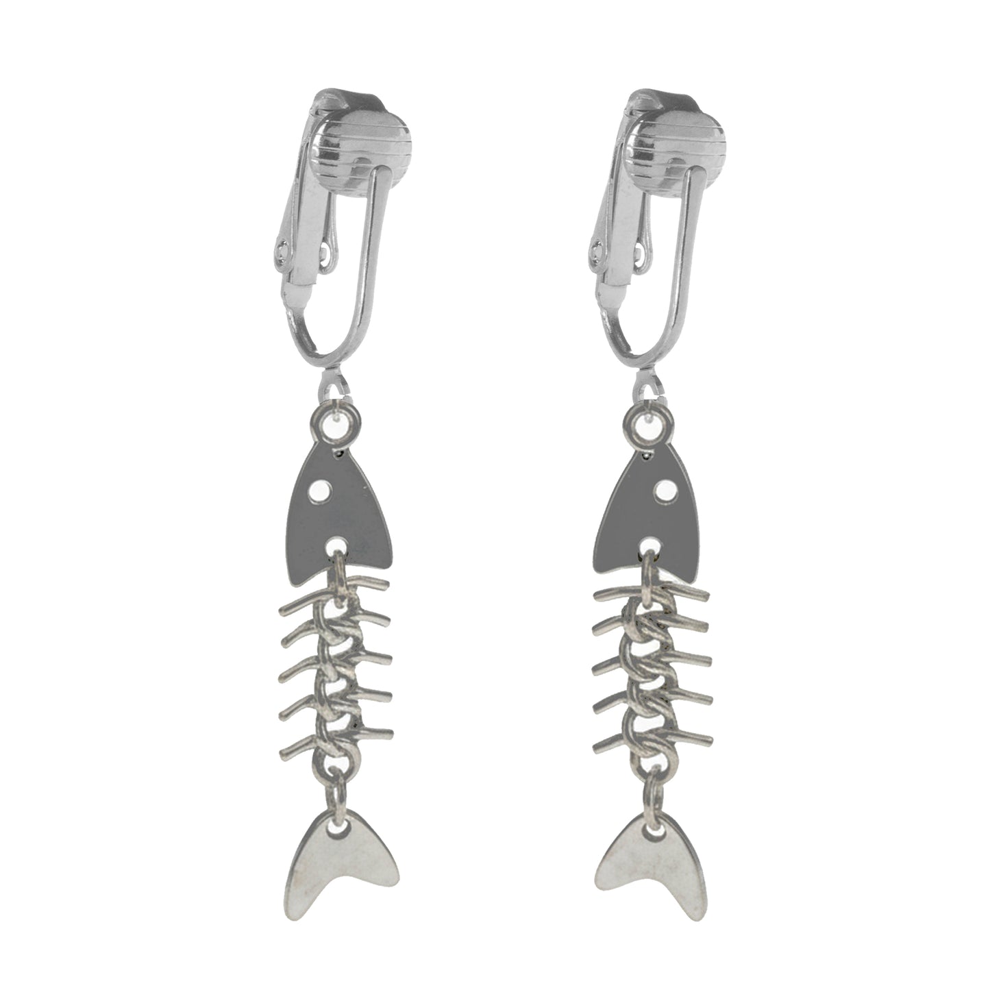 Silver Long Fishbone Clip On Dangling Earrings