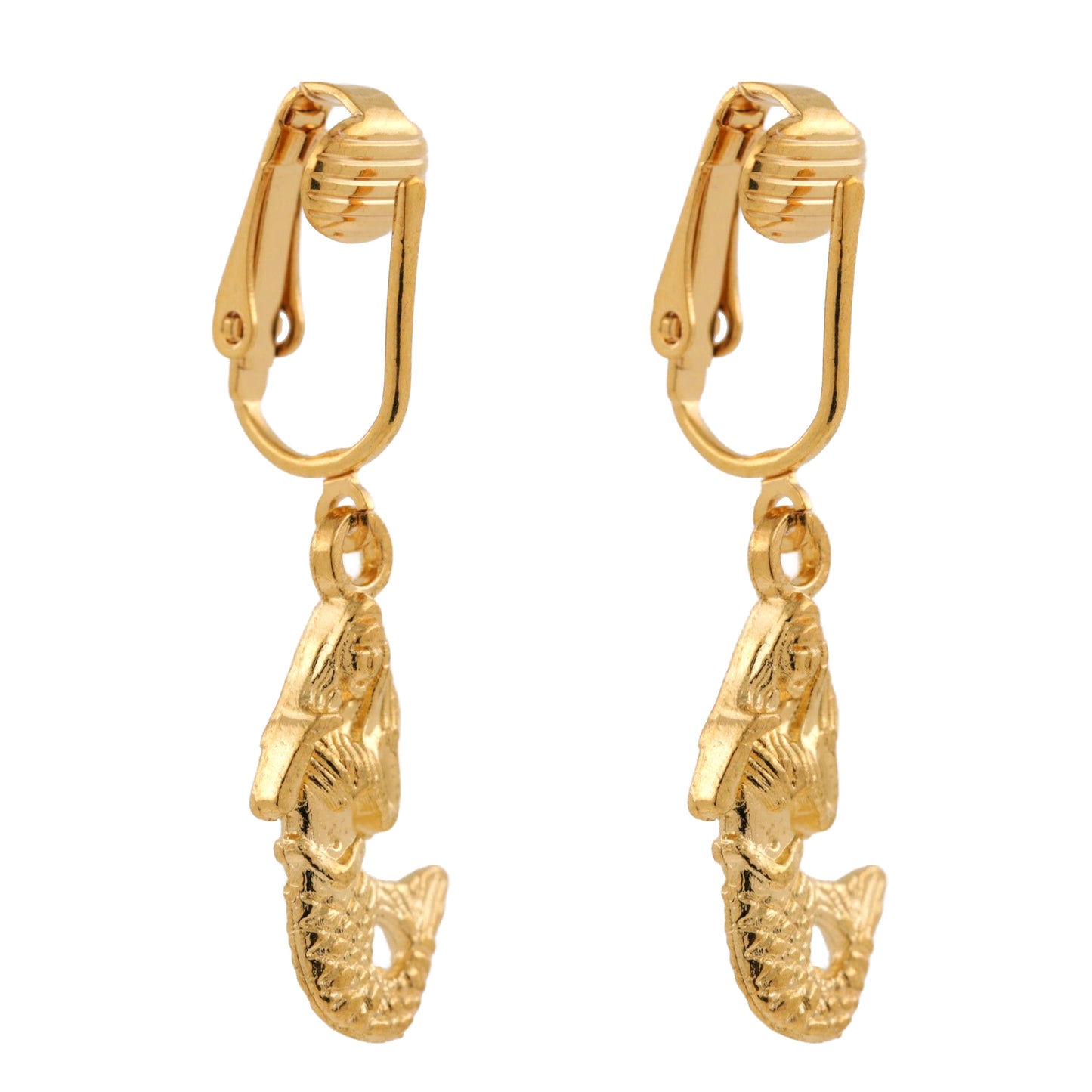 Gold Mermaids Clip On Dangling Earrings