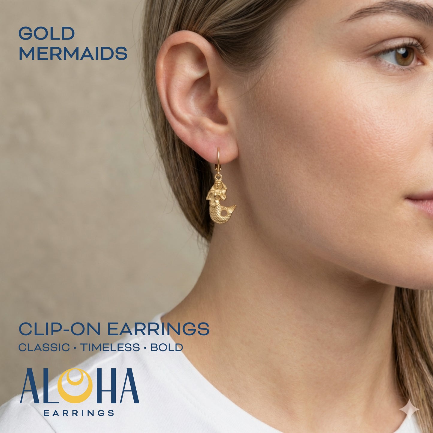 Gold Mermaids Clip On Dangling Earrings