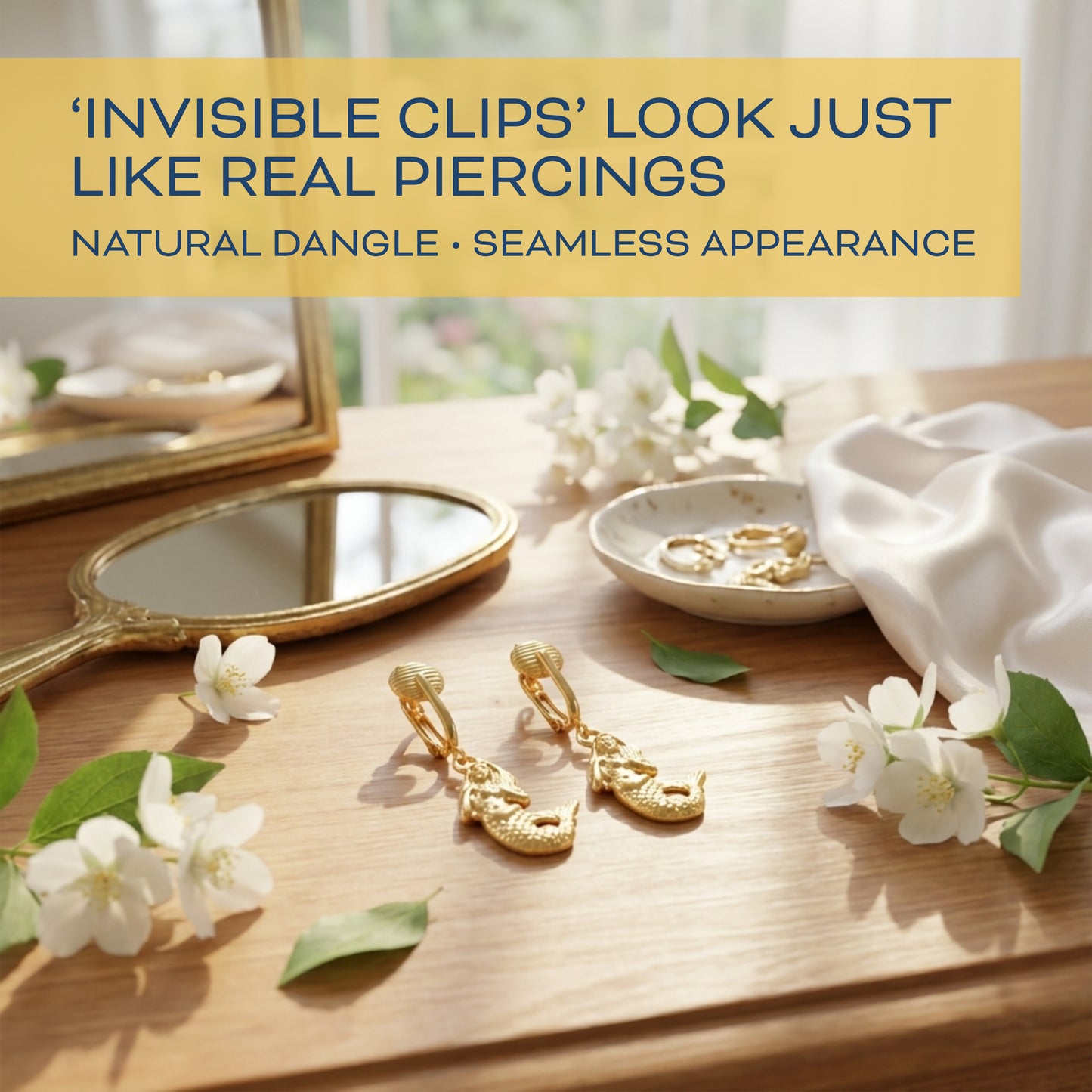 Gold Mermaids Clip On Dangling Earrings