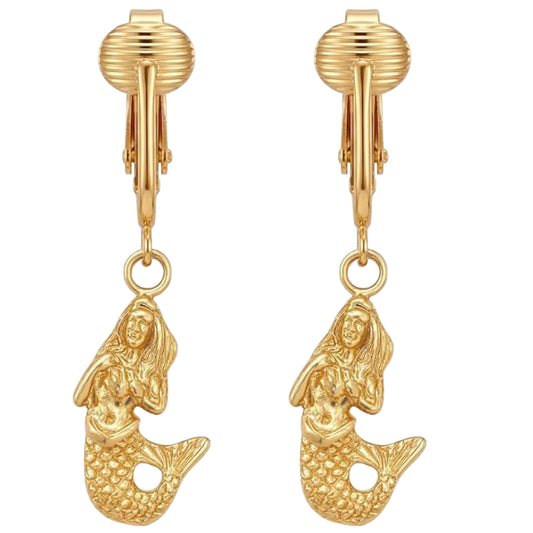 Gold Mermaids Clip On Dangling Earrings