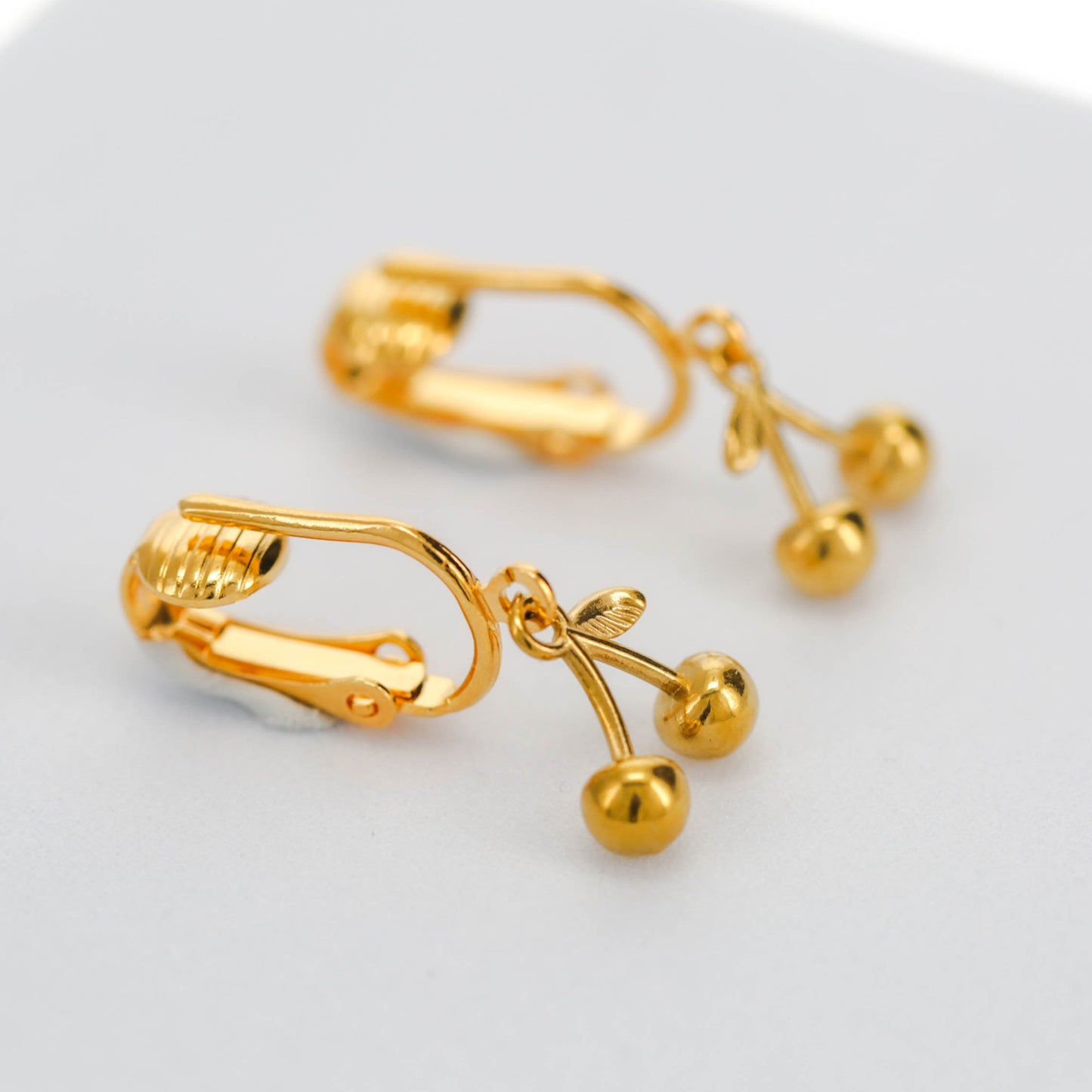 Gold Mini Cherries Clip On Dangling Earrings