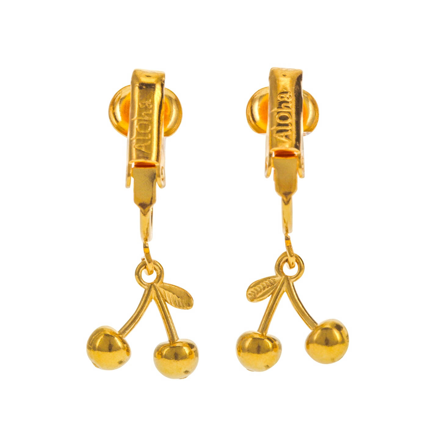 Gold Mini Cherries Clip On Dangling Earrings