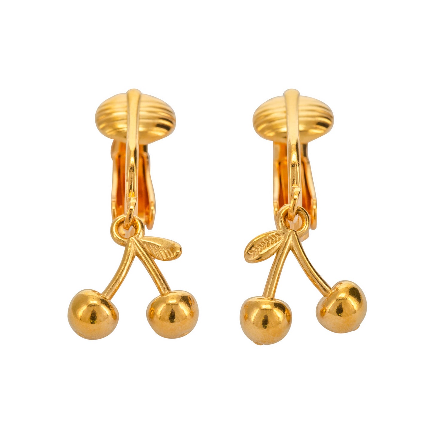 Gold Mini Cherries Clip On Dangling Earrings