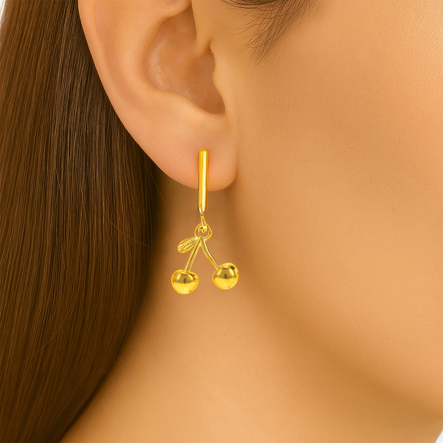 Gold Mini Cherries Clip On Dangling Earrings