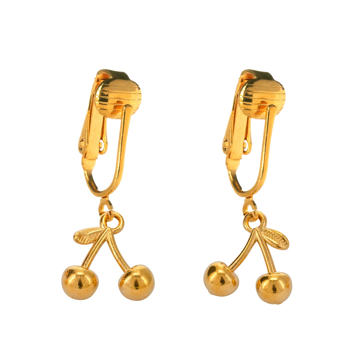 Gold Mini Cherries Clip On Dangling Earrings
