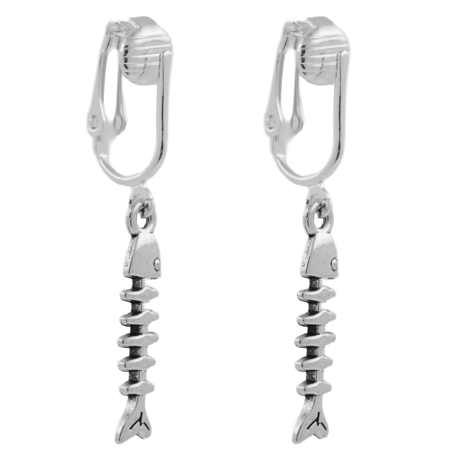 Silver Mini Fishbones Clip On Dangling Earrings