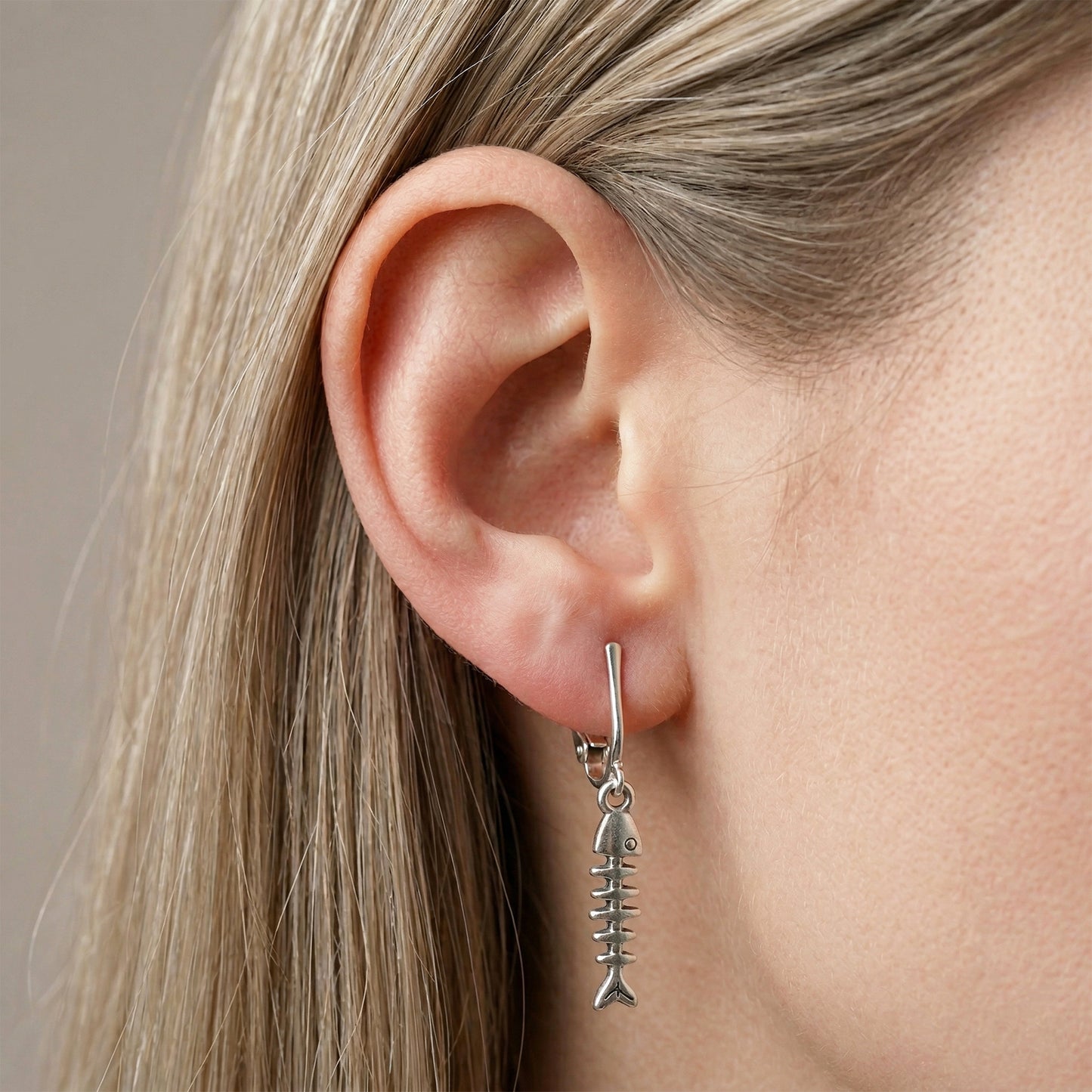 Silver Mini Fishbones Clip On Dangling Earrings