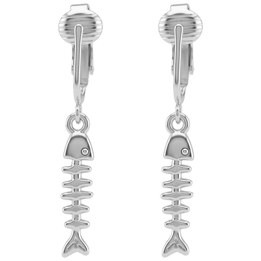 Silver Mini Fishbones Clip On Dangling Earrings