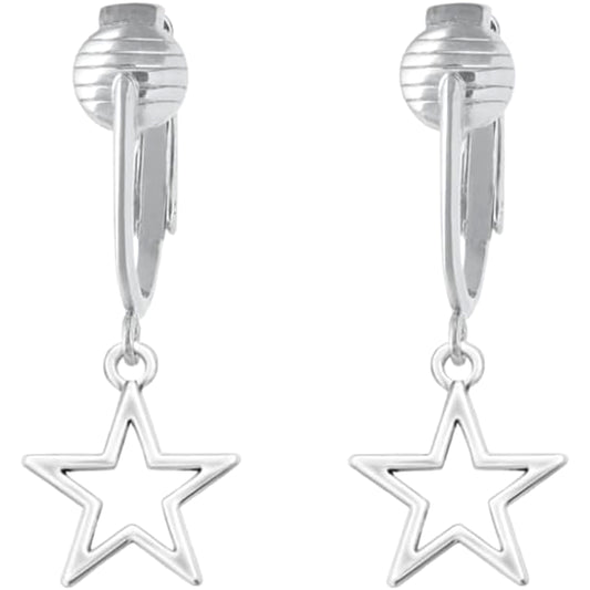 Silver Mini Star Outline Clip On Dangling Earrings