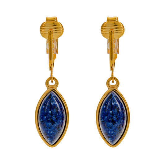 Gold Marquise Shaped Clip On Dangling Earrings